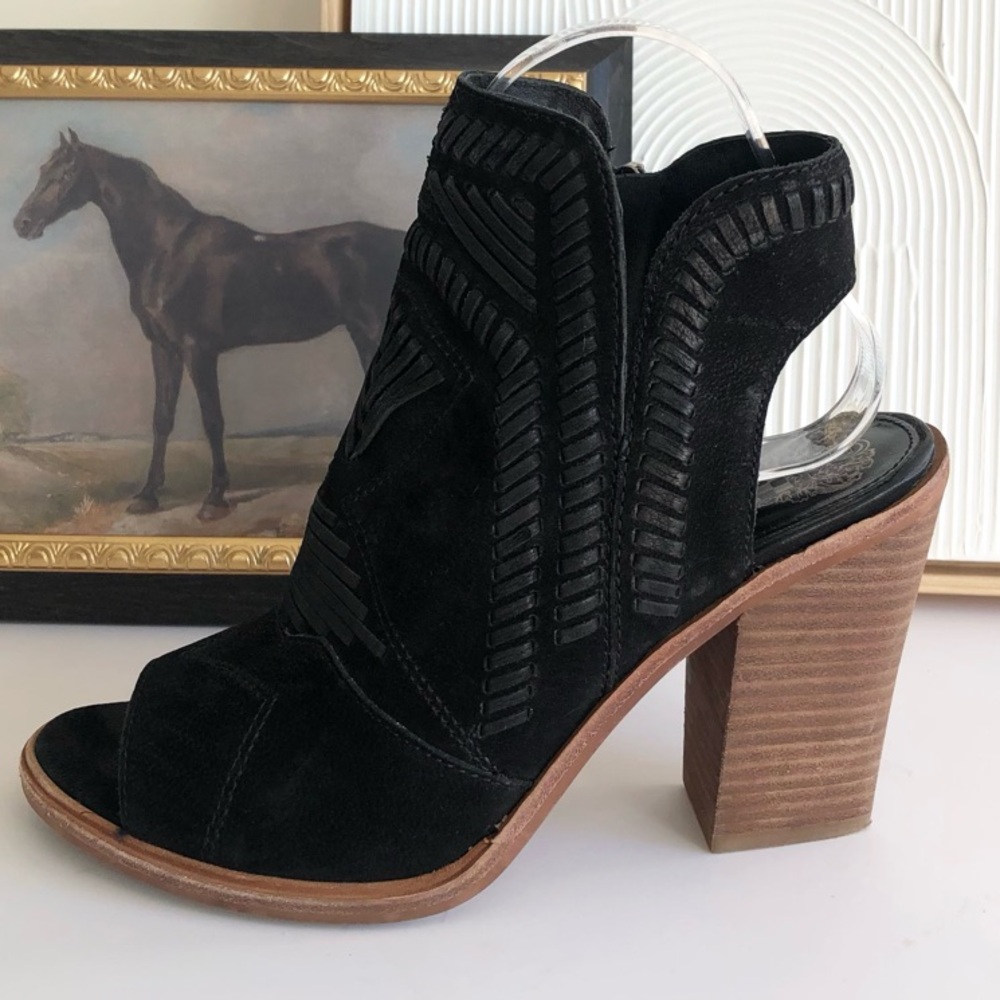 Vince Camuto Black Suede Peep-Toe Block Heel Booties